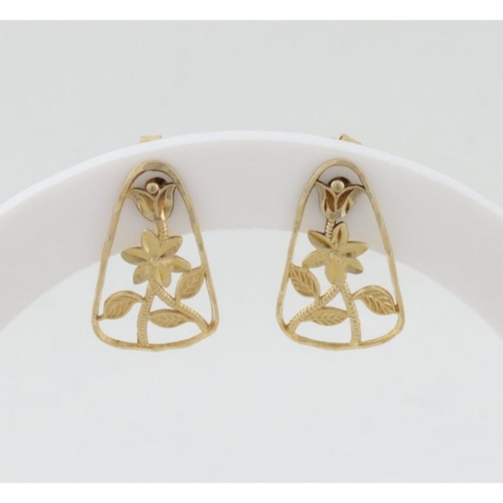 14k Yellow Gold Flower Floral Design Earrings Stud Post 3/4" x 1/2"